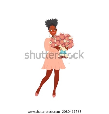 African American woman holding a bouquet of flowers.
Greeting women on a holiday. March 8, Valentine's Day. Vector illustration in a flat style.