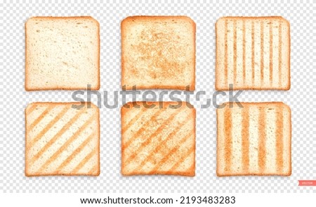 Set of sliced Toast Bread slices isolated on transparent background. Pieces of lightly toasted white bread. Close-up of toast. Top view. Realistic vector set