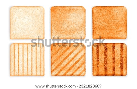Set of sliced Toast Bread slices isolated on white background. Pieces of lightly toasted white wheat bread. Grilled toast.
Close-up of toast. Top view. Realistic vector set