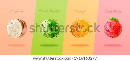 Scoops of ice cream with pieces of hazelnut, mint and chocolate, orange and strawberry.
