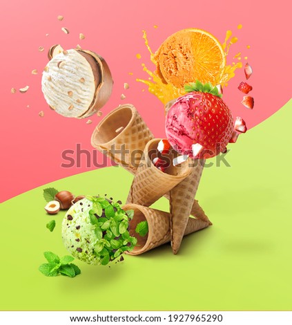 3d Illustration. Ice cream cones with hazelnut, mint and chocolate, orange and strawberry