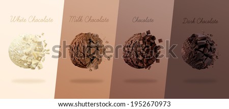 
3D render. Scoops of ice cream with four Types of Chocolate different. white chocolate, milk chocolate and dark chocolate