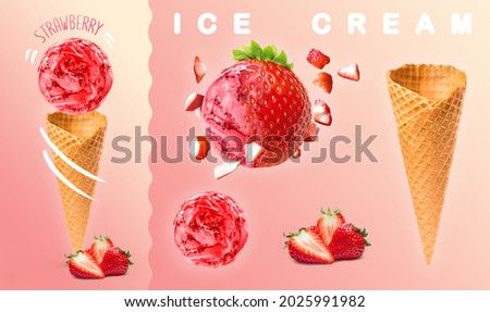 Strawberry ice cream. Scoops of strawberry ice cream with waffle cone and strawberry photography. 3D illustration for banners, landing pages and web pages with summer motifs