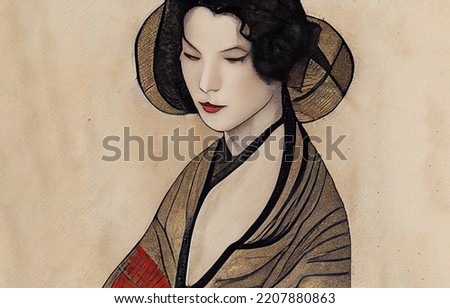 Japanese traditional painting with woman on papyrus background. Attractive geisha with white face and red lips. Rice paper.