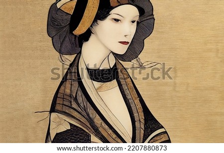 Japanese traditional painting with woman on papyrus background. Attractive geisha with white face and red lips. Rice paper.