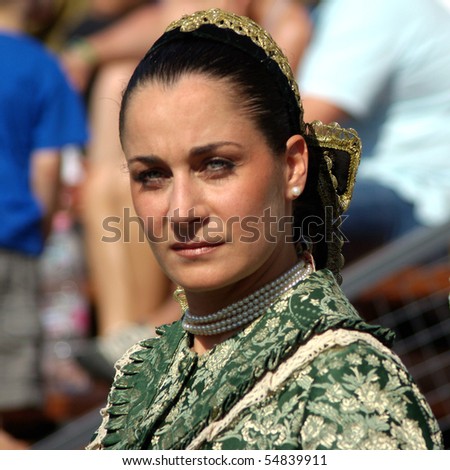 BUDAPEST, HUNGARY - JUNE 7: Attractive woman actress in period dress on National Gallop on Heroes\' Square on 7th of June, 2010 in Budapest, Hungary