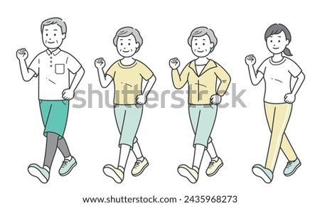 Elderly men and women and young women walking in short-sleeved sportswear