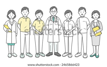 A full-body illustration of doctors, nurses, caregivers, and care managers who support local social welfare.