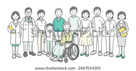 Full-body illustration of an elderly couple, family, doctor, nurse, caregiver, and care manager nutritionist