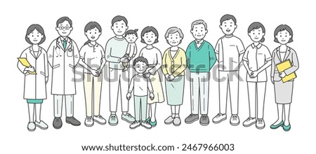 A full-body illustration of an elderly couple, their family, a doctor, a nurse, a caregiver, and a care managernutritionist