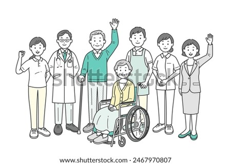 A full-body illustration of an elderly couple, family, doctor, nurse, caregiver and care manager gathering and waving