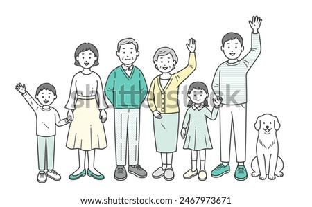 A full-body illustration of three generations of family members and pets gathering and waving