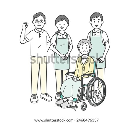 Illustration set of an elderly woman sitting in a wheelchair and a male and female caregiver assisting her