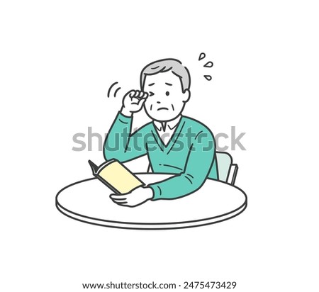 Illustration of an elderly man with blurred vision rubbing his eyes