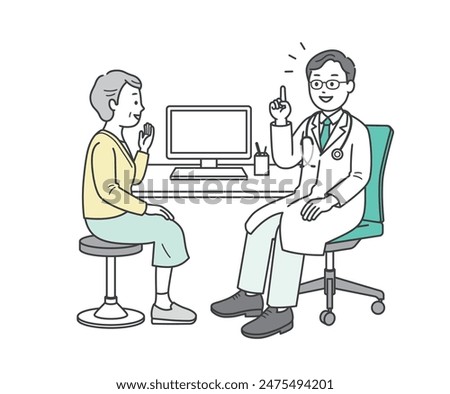 Full-body illustration of a doctor talking to an elderly woman undergoing a medical examination at a hospital