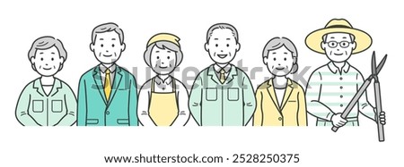 Upper body illustrations of various jobs for elderly men and women in their second lives