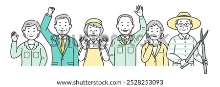 Upper body illustrations of various jobs for elderly men and women in their second lives