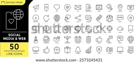 social media and web line editable icon set.  vector ilustration. social media and web icons, send, network, comments,startup, lock, website news, cloude rating, download and more.