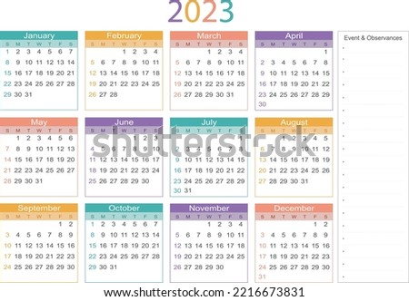 2023 year at a glance calendar, colorful box calendar, yearly calendar, horizontal