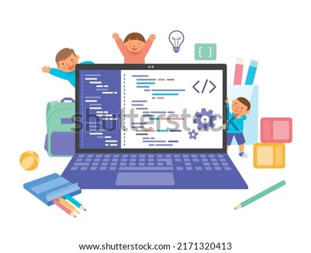 children with laptop , kids coding concept vector illustration  