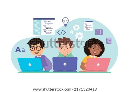 kids with laptop learn coding, programing vector illustration  