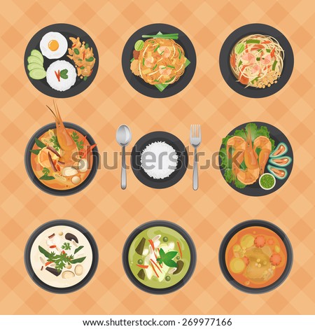Vector illustration of Thai foods collection,top view various Thai dishes
