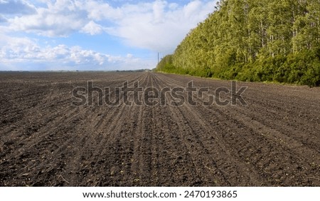 Similar – Foto Bild Panorama eines leeren gepflügten Feldes im frühen Frühjahr. Beginn der Gartensaison, Luftaufnahme