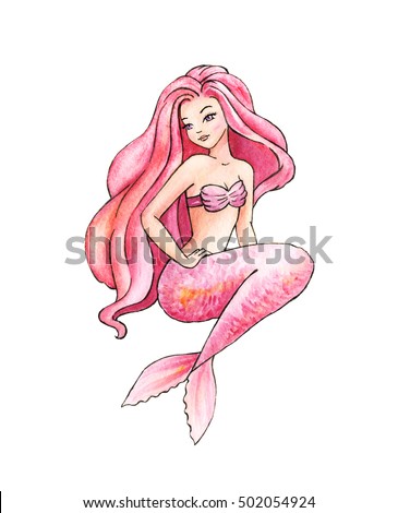 Beautiful Mermaid Girl. Exotic Caribbean Sea. Underwater landscape. Watercolor illustration