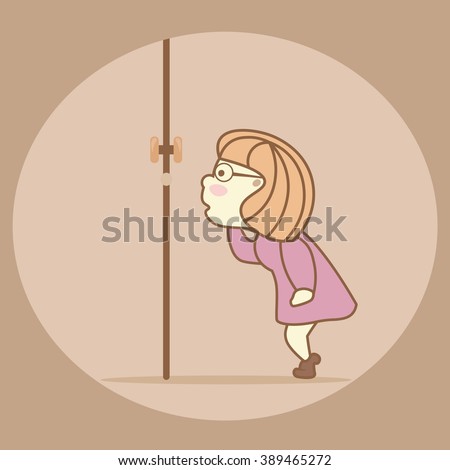 Naughty girl spying, peeping through the keyhole