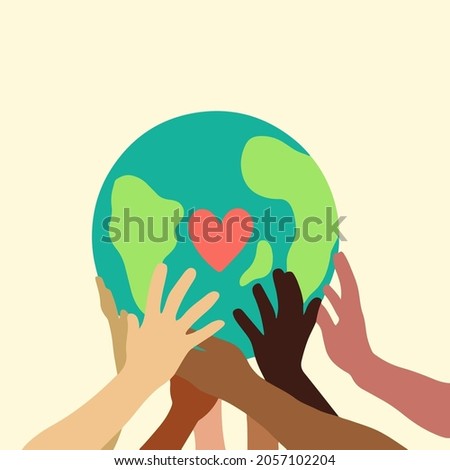 Hands of People with Different Skin Colors Holding Earth Globe Icon Symbol. Flat Vector Illustration. 