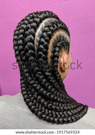 Afro Hair Braided In A Cornrow Hairstyle Using Black Synthetic Hair Extensions, Purple Background  Foto d'archivio © 