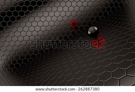 Abstract background of the black Ball on black mesh grid with red reflection