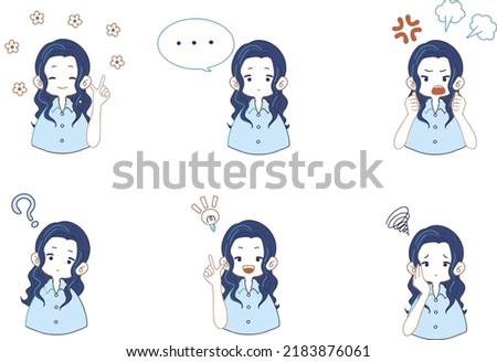 Illustration set of various facial expressions of a woman wearing a shirt