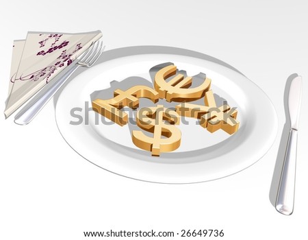 Gold money signs in a dish on breakfast
