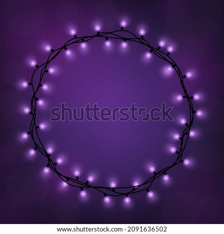 Vector Illustration of Christmas  decorative glowing light in round frame on purple background. Light bulbs new year and Christmas party decoration.