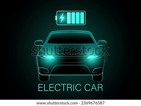 Modern Futuristic Electric car or EV car. Neon Glowing Electric car on Dark Background. Futuristic Electric Vehicle Concept. 