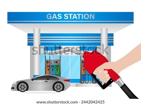 Hand Holding Fuel Nozzle at Gas Station. Vector Illustration. 