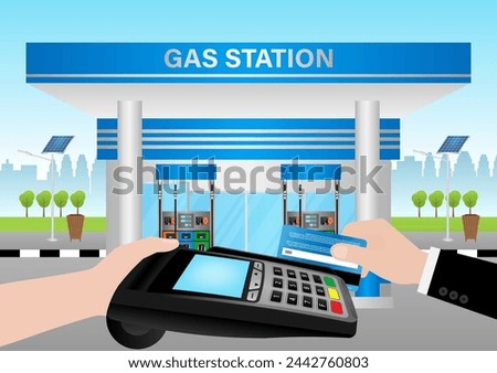 Hand Making Payment by Credit Card at Gas Station. Refueling Car Concept. Vector Illustration.  