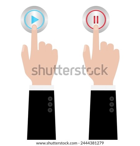 Hand Pressing Play and Pause Button. Hand Click. Vector Illustration Isolated on White Background. 