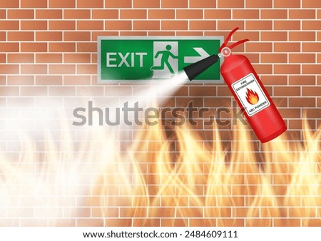 Fire Extinguisher Spraying on Burning Fire in the Building. Vector Illustration. 