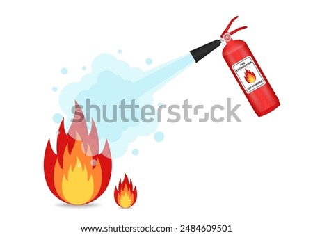 Fire Extinguisher Spraying on Burning Fire. Vector Illustration. 