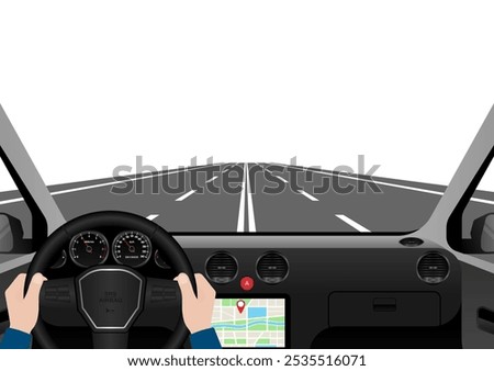 Man Driving Inside a Car. Driver's View from Inside a Car. Car Interior with Steering Wheel and Car Dashboard. Vector Illustration.