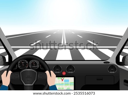 Man Driving Inside a Car. Driver's View from Inside a Car. Car Interior with Steering Wheel and Car Dashboard. Vector Illustration.