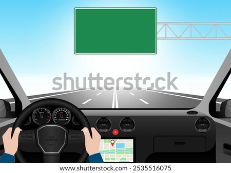 Man Driving Inside a Car. Driver's View from Inside a Car. Car Interior with Steering Wheel and Car Dashboard. Vector Illustration.