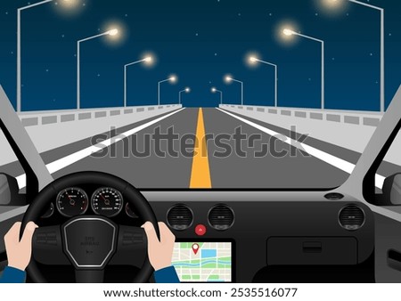 Man Driving Inside a Car. Driver's View from Inside a Car. Car Interior with Steering Wheel and Car Dashboard. Vector Illustration.