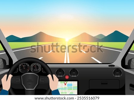 Man Driving Inside a Car. Driver's View from Inside a Car. Car Interior with Steering Wheel and Car Dashboard. Vector Illustration.