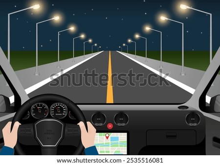 Man Driving Inside a Car. Driver's View from Inside a Car. Car Interior with Steering Wheel and Car Dashboard. Vector Illustration.