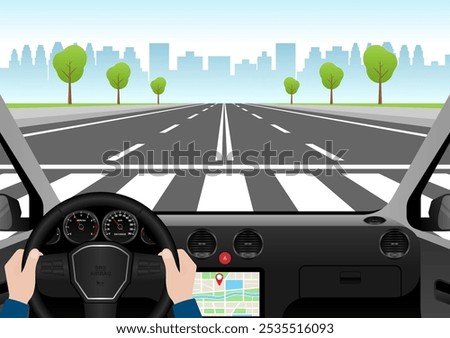 Man Driving Inside a Car. Driver's View from Inside a Car. Car Interior with Steering Wheel and Car Dashboard. Vector Illustration.