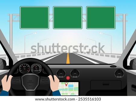 Man Driving Inside a Car. Driver's View from Inside a Car. Car Interior with Steering Wheel and Car Dashboard. Vector Illustration.