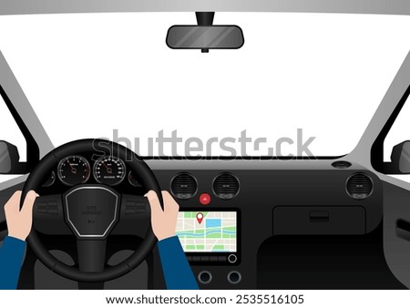 Man Driving Inside a Car. Driver's View from Inside a Car. Car Interior with Steering Wheel and Car Dashboard. Vector Illustration.